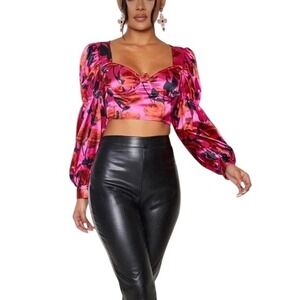 Pink Floral Satin Corset Crop Top Balloon Long Sleeve Sz S Romantic Date Night
